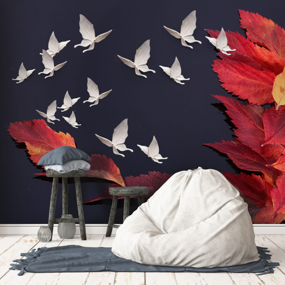 Red Autumn Leaf Birds Wallpaper : 3D Navy Flying Doves Mural