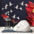 Red Autumn Leaf Birds Wallpaper : 3D Navy Flying Doves Mural