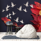 Red Autumn Leaf Birds Wallpaper : 3D Navy Flying Doves Mural