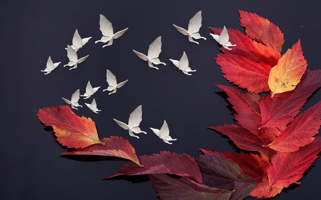 Red Autumn Leaf Birds Wallpaper : 3D Navy Flying Doves Mural - flat design