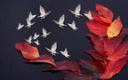 Red Autumn Leaf Birds Wallpaper : 3D Navy Flying Doves Mural - flat design