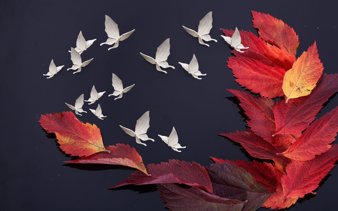 Red Autumn Leaf Birds Wallpaper : 3D Navy Flying Doves Mural - flat design