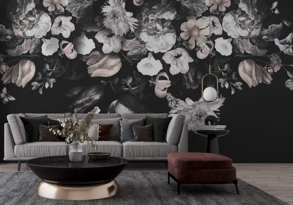 Dark Floral Wallpaper : Soft Blush Flowers on Black Mural - View 4