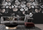 Dark Floral Wallpaper : Soft Blush Flowers on Black Mural - View 4