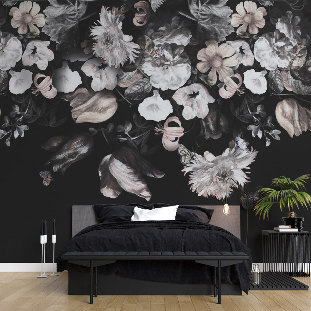 Dark Floral Wallpaper : Soft Blush Flowers on Black Mural - View 3