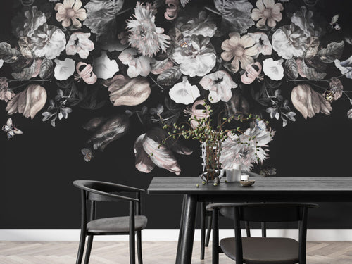 Dark Floral Wallpaper : Soft Blush Flowers on Black Mural