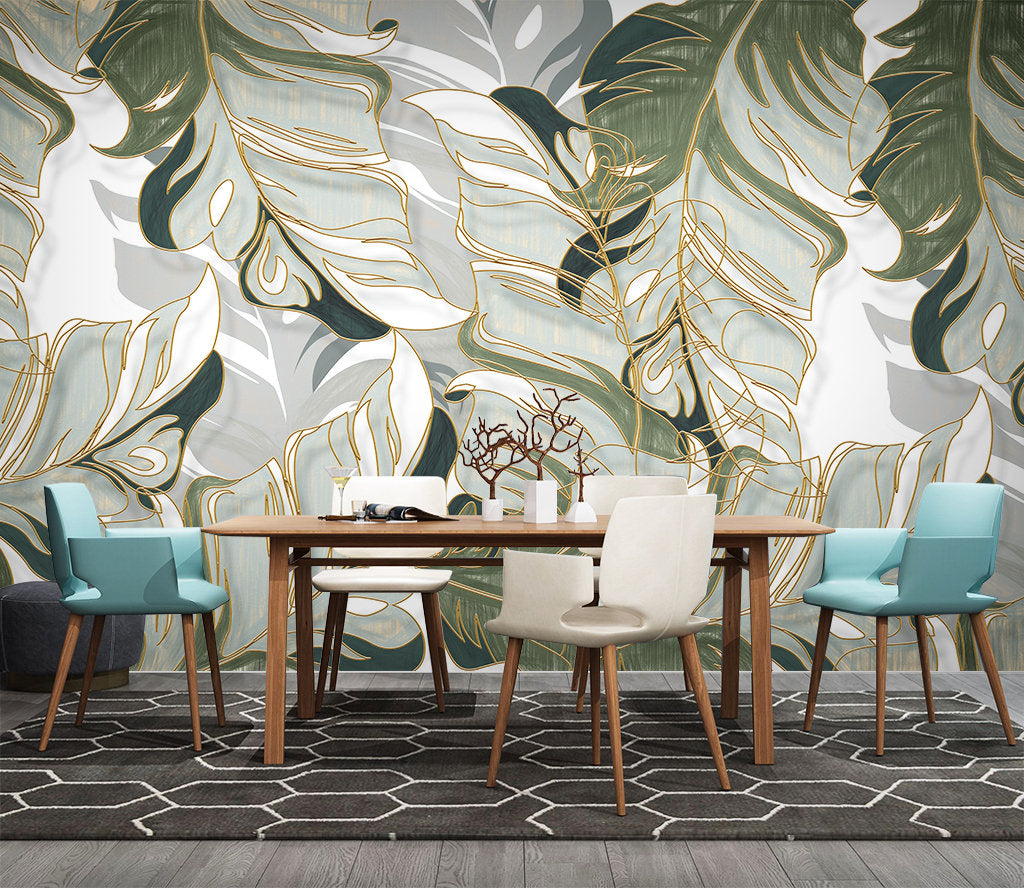 Gold Line Tropical Leaf Wallpaper : Soft Sage Abstract Botanical Mural