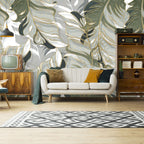 Gold Line Tropical Leaf Wallpaper : Soft Sage Abstract Botanical Mural - View 2