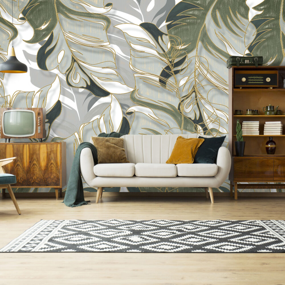 Gold Line Tropical Leaf Wallpaper : Soft Sage Abstract Botanical Mural - View 2