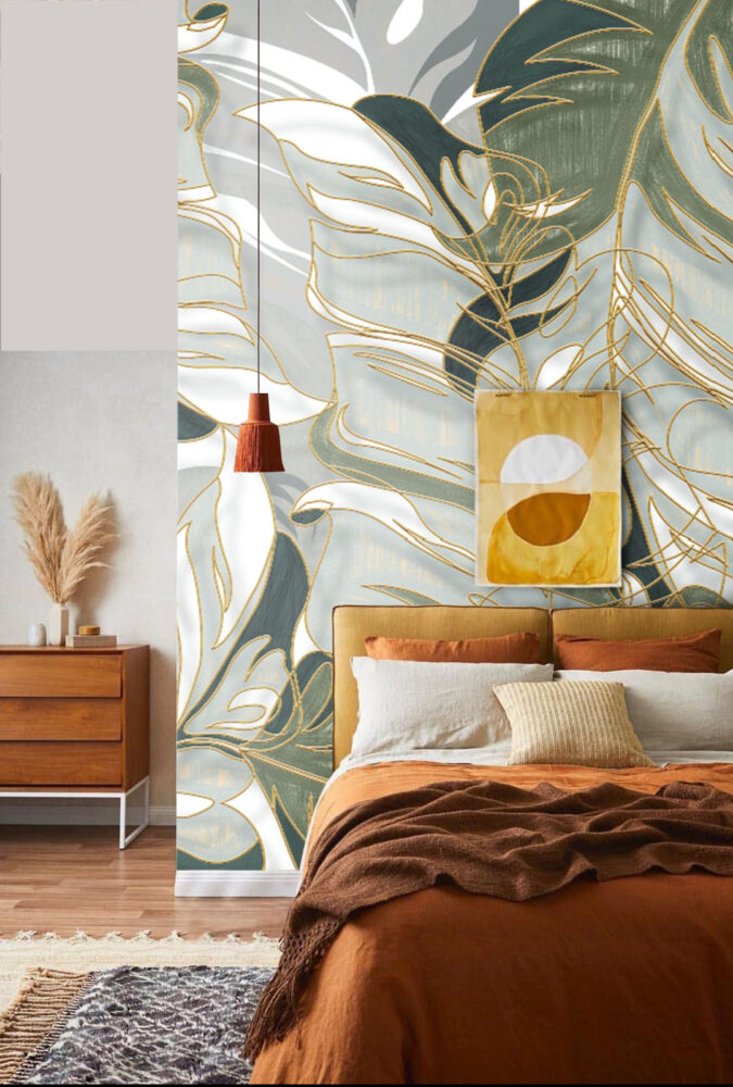 Gold Line Tropical Leaf Wallpaper : Soft Sage Abstract Botanical Mural - View 3