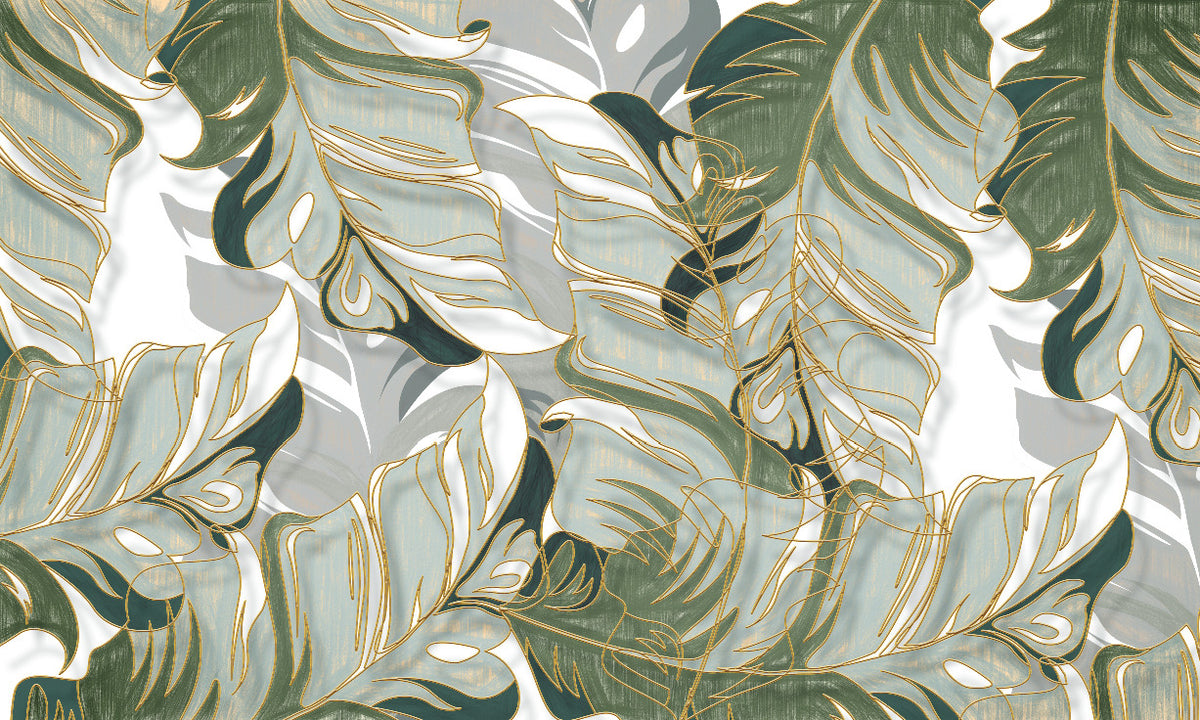 Gold Line Tropical Leaf Wallpaper : Soft Sage Abstract Botanical Mural - flat design