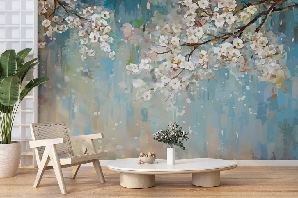 Blossom Oil Painting Wallpaper : Soft Teal Cherry Blossom Mural