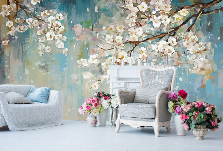 Blossom Oil Painting Wallpaper : Soft Teal Cherry Blossom Mural - View 2