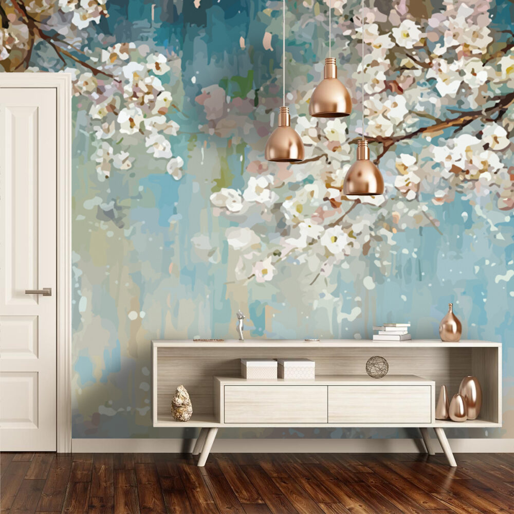 Blossom Oil Painting Wallpaper : Soft Teal Cherry Blossom Mural - View 3