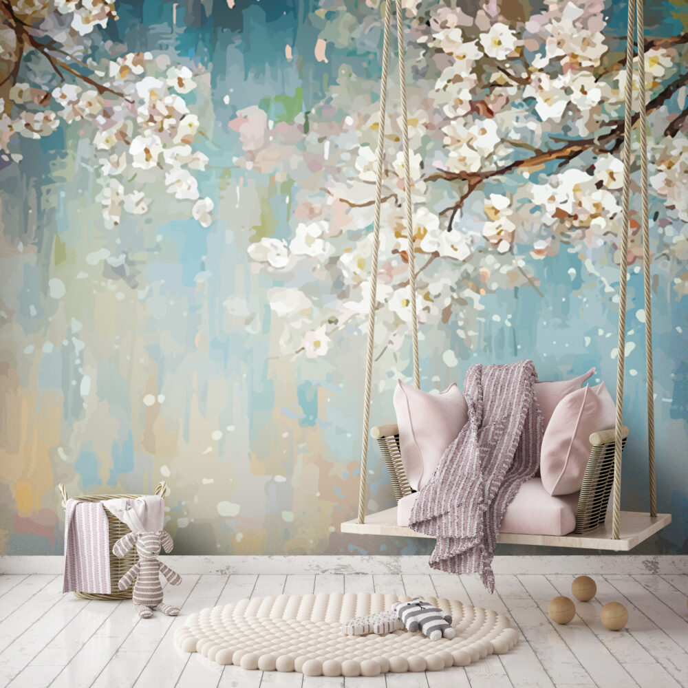 Blossom Oil Painting Wallpaper : Soft Teal Cherry Blossom Mural - View 4