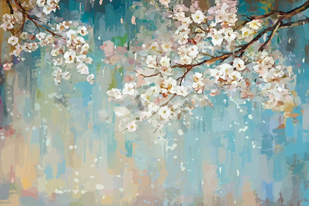 Blossom Oil Painting Wallpaper : Soft Teal Cherry Blossom Mural - flat design