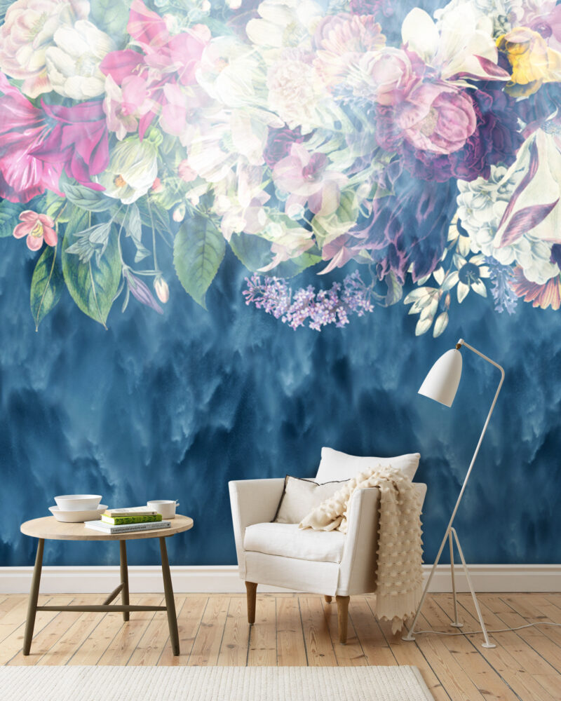 Blue Hanging Flowers Wallpaper : Watercolor Floral Cascade Mural