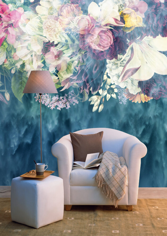 Blue Hanging Flowers Wallpaper : Watercolor Floral Cascade Mural - View 2