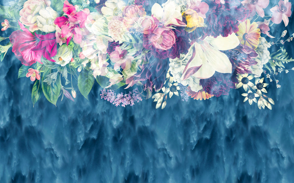 Blue Hanging Flowers Wallpaper : Watercolor Floral Cascade Mural - flat design