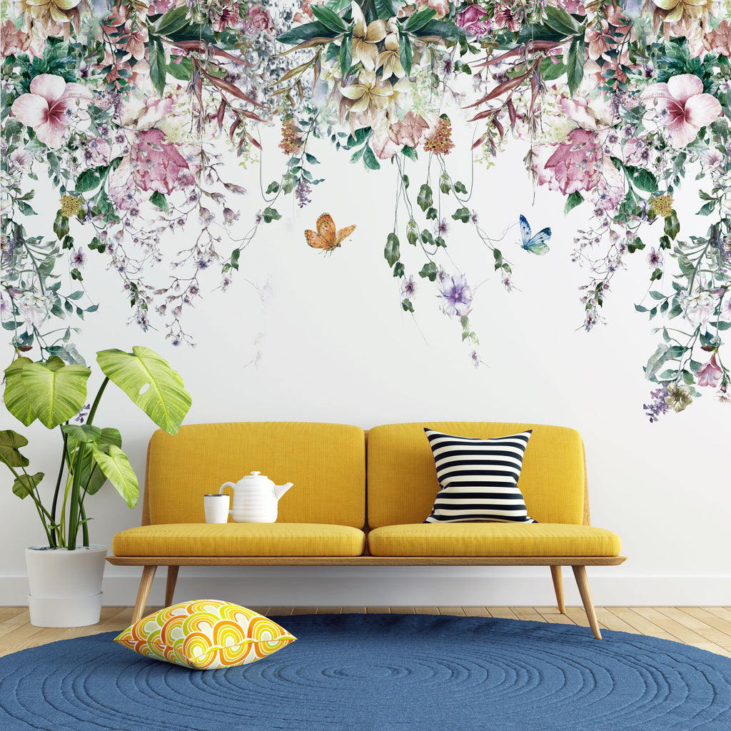 Hanging Vines Butterfly Wallpaper : Pastel Floral Garland Mural - View 5