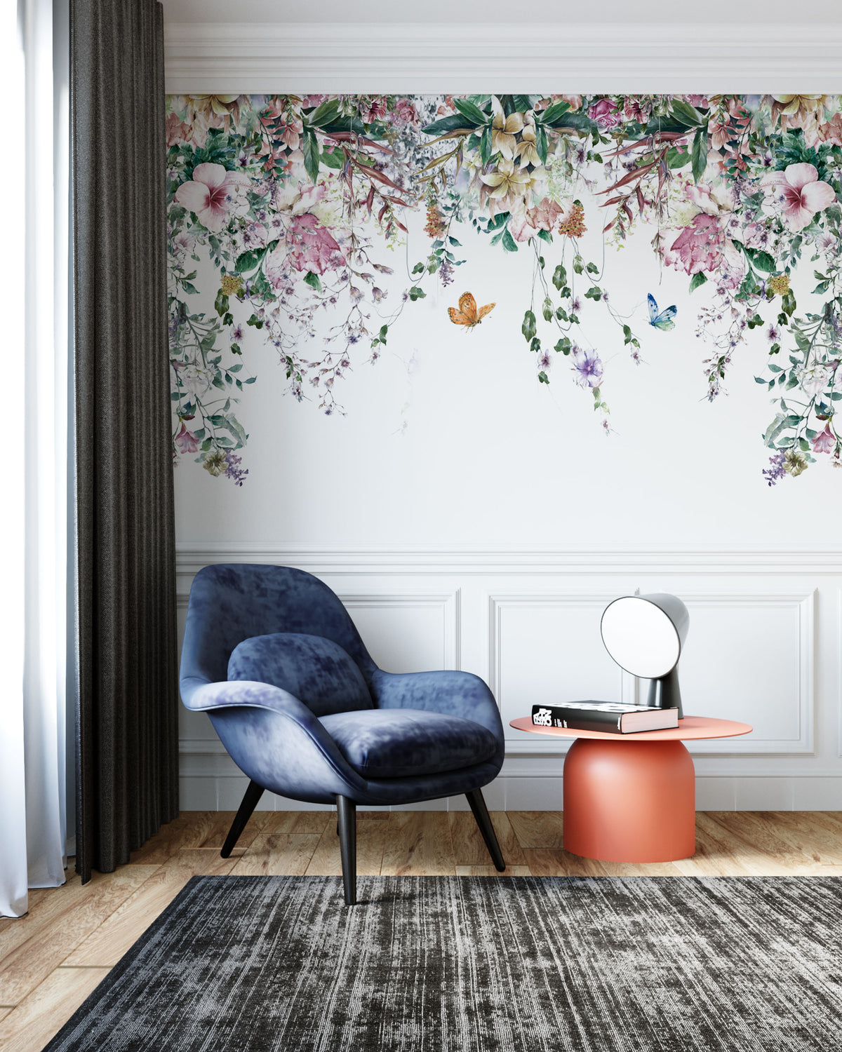 Hanging Vines Butterfly Wallpaper : Pastel Floral Garland Mural - View 2