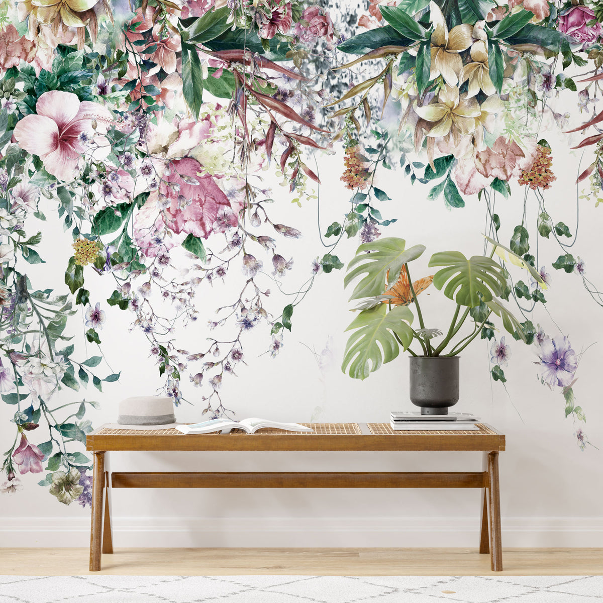 Hanging Vines Butterfly Wallpaper : Pastel Floral Garland Mural - View 3