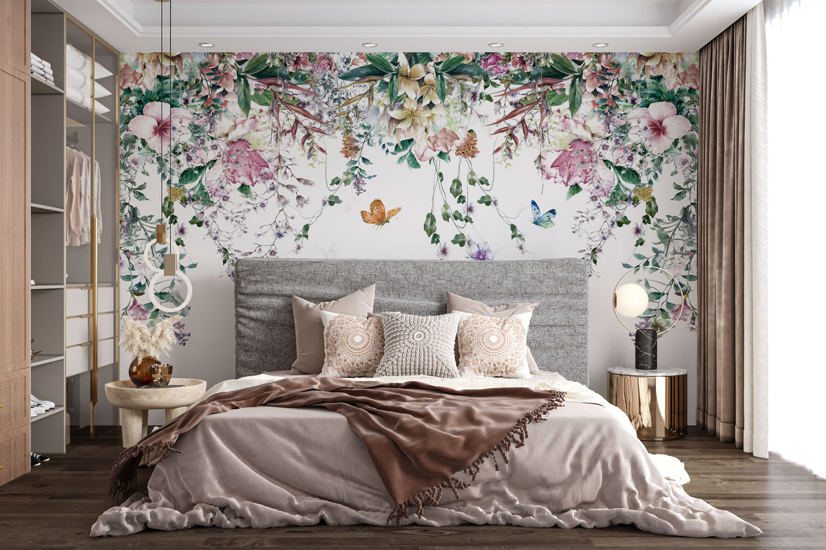Hanging Vines Butterfly Wallpaper : Pastel Floral Garland Mural