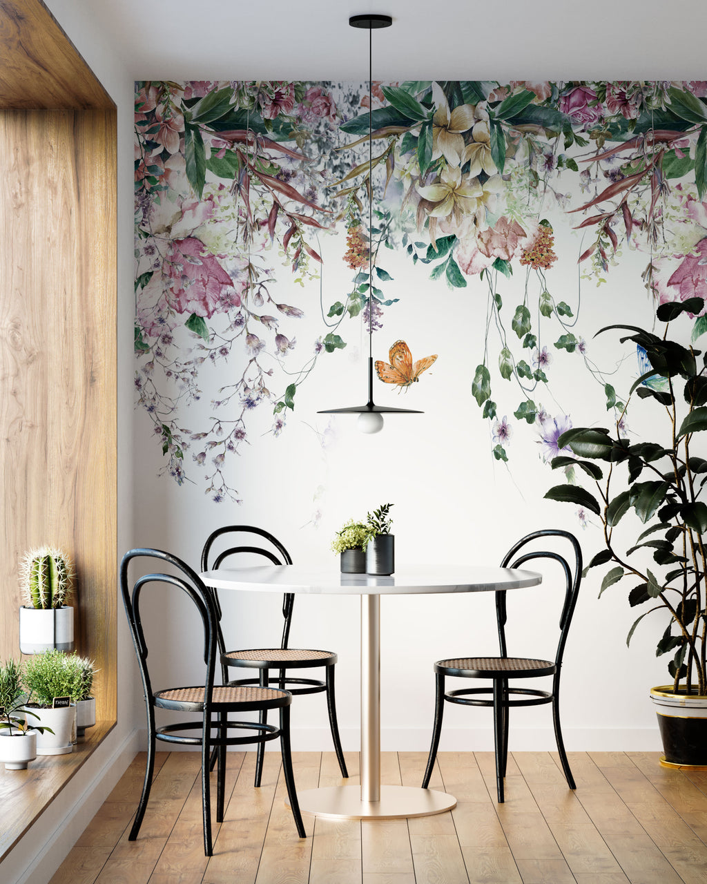 Hanging Vines Butterfly Wallpaper : Pastel Floral Garland Mural - View 4