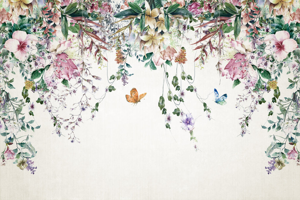 Hanging Vines Butterfly Wallpaper : Pastel Floral Garland Mural - flat design
