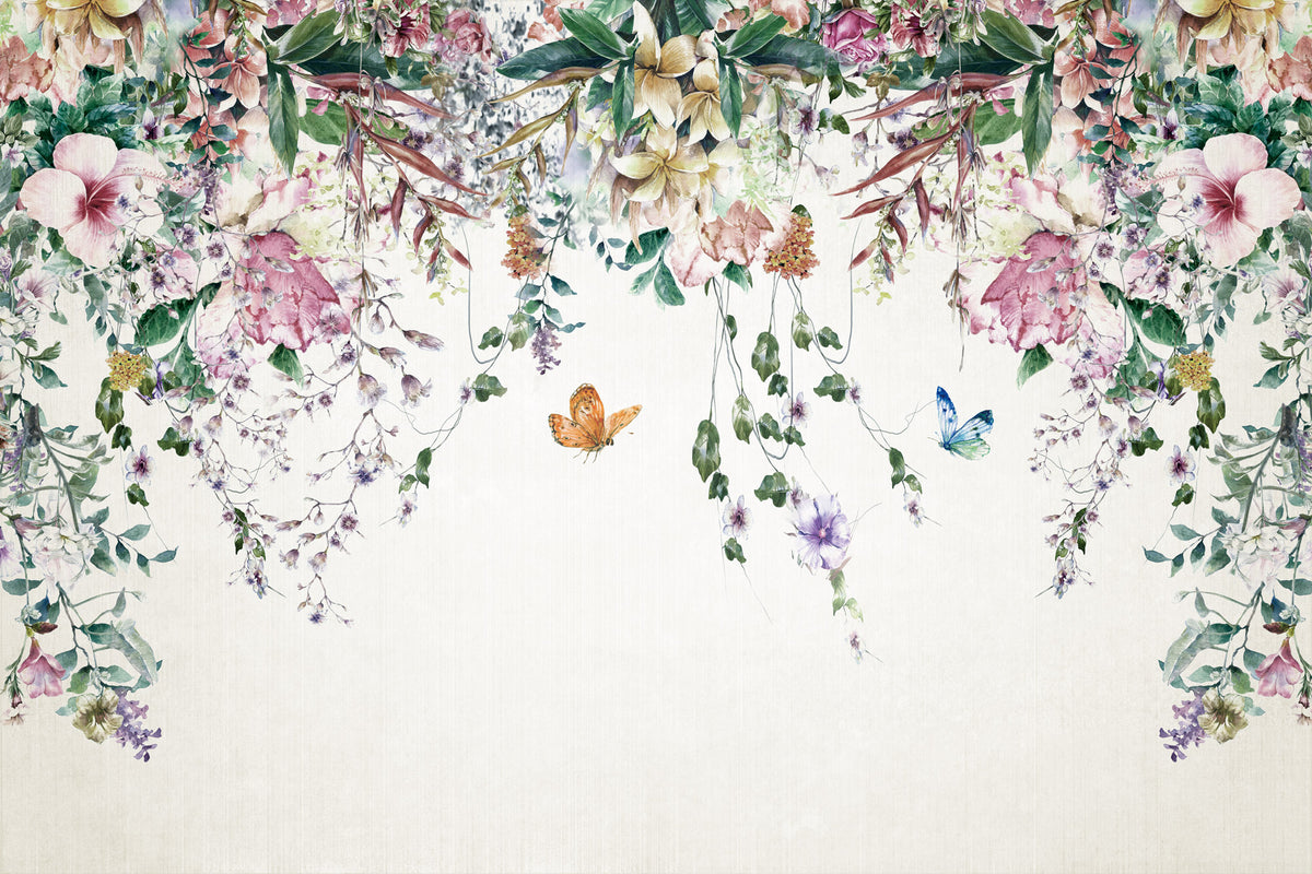 Hanging Vines Butterfly Wallpaper : Pastel Floral Garland Mural - flat design