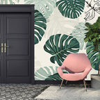 Monstera Line Art Wallpaper : Green Botanical Leaf Mural - View 2