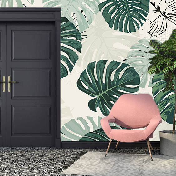 Monstera Line Art Wallpaper : Green Botanical Leaf Mural - View 2