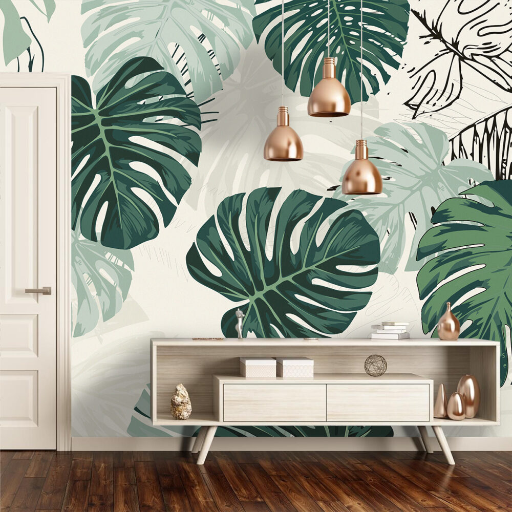 Monstera Line Art Wallpaper : Green Botanical Leaf Mural