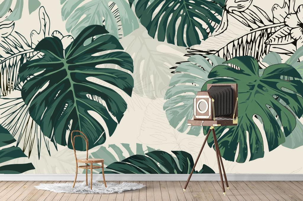 Monstera Line Art Wallpaper : Green Botanical Leaf Mural - View 3