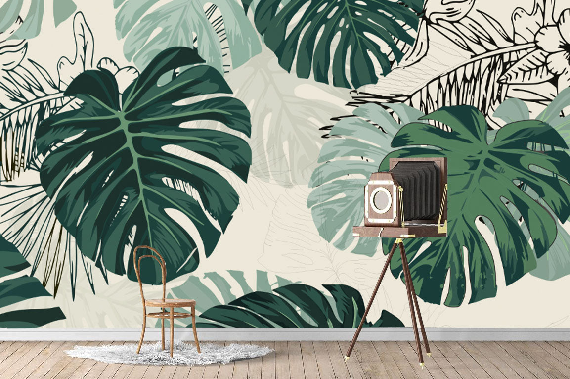 Monstera Line Art Wallpaper : Green Botanical Leaf Mural - View 3