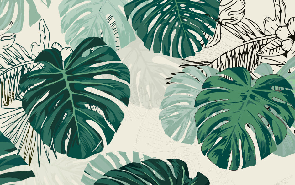 Monstera Line Art Wallpaper : Green Botanical Leaf Mural - flat design