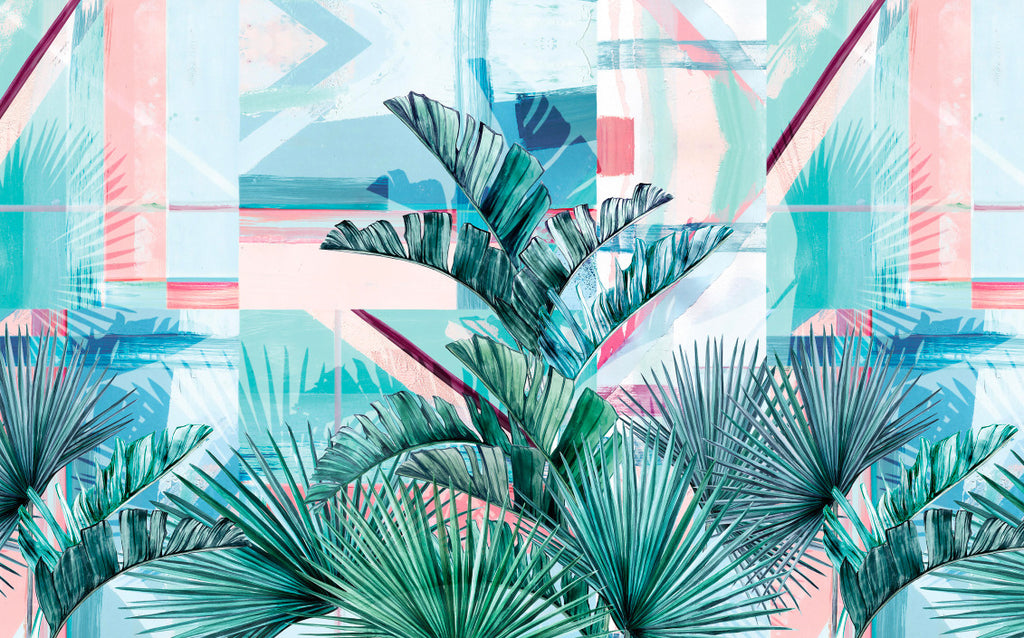 Turquoise Palm Leaf Wallpaper : Pink Geometric Tropical Mural - flat design