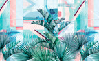Turquoise Palm Leaf Wallpaper : Pink Geometric Tropical Mural - flat design