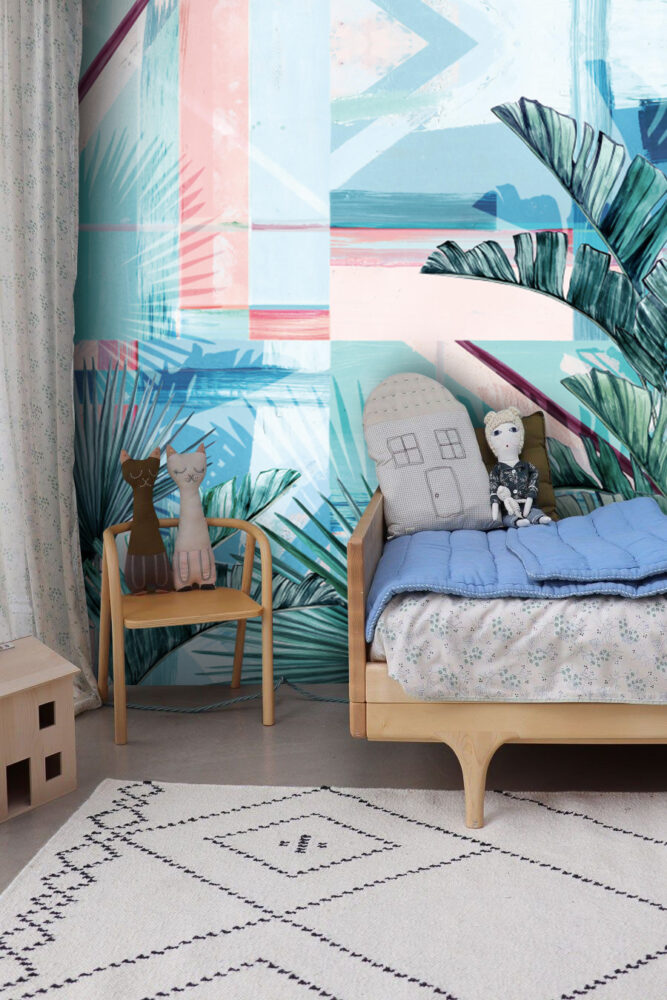 Turquoise Palm Leaf Wallpaper : Pink Geometric Tropical Mural - View 4