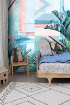 Turquoise Palm Leaf Wallpaper : Pink Geometric Tropical Mural - View 4