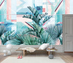 Turquoise Palm Leaf Wallpaper : Pink Geometric Tropical Mural - View 2