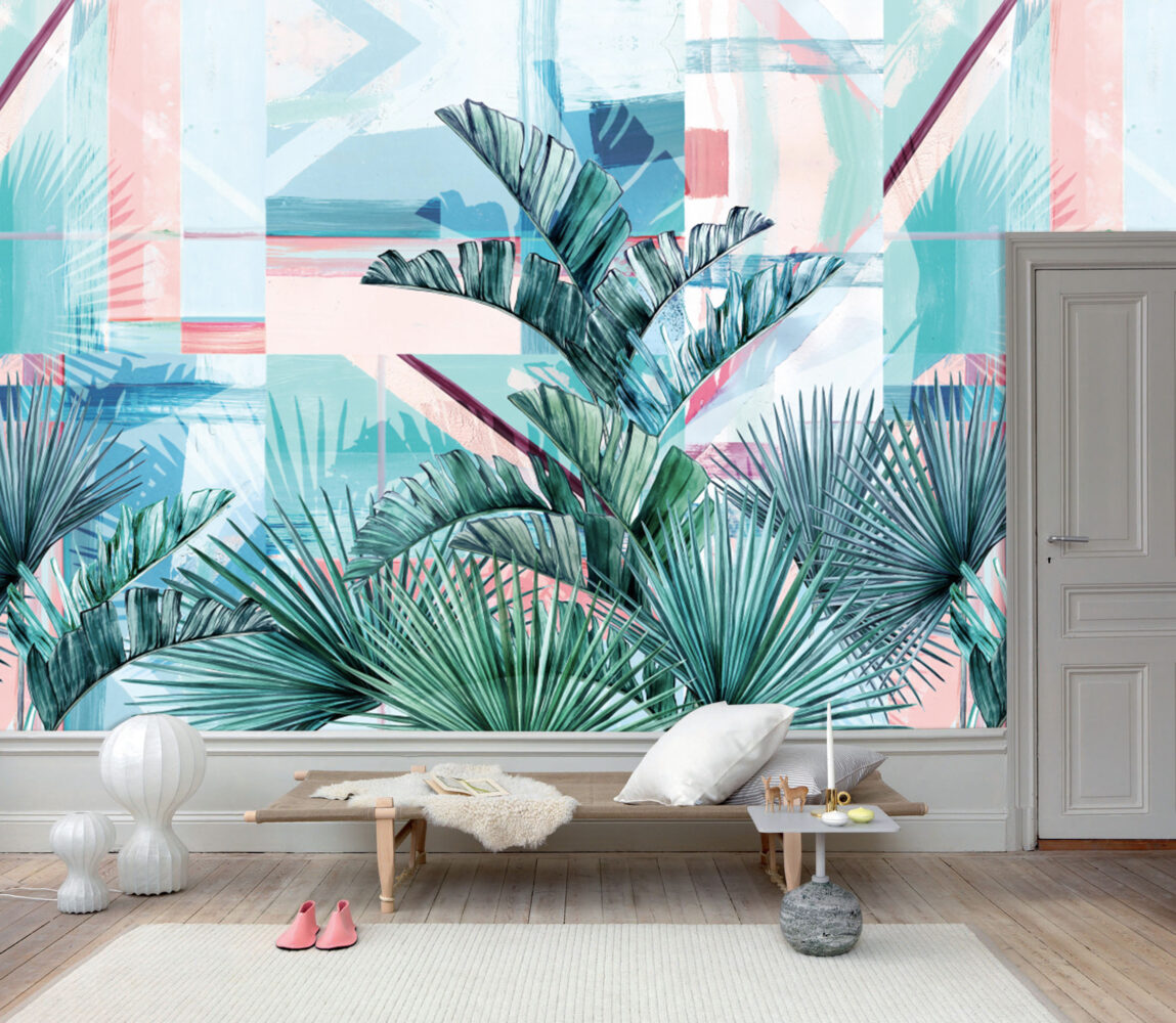 Turquoise Palm Leaf Wallpaper : Pink Geometric Tropical Mural - View 2