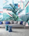 Turquoise Palm Leaf Wallpaper : Pink Geometric Tropical Mural