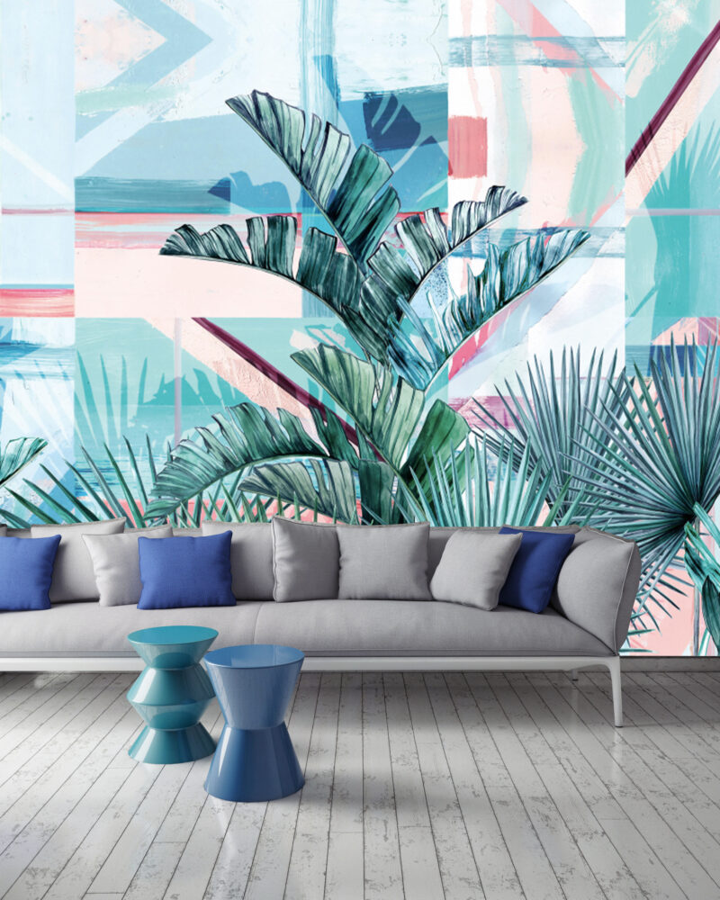 Turquoise Palm Leaf Wallpaper : Pink Geometric Tropical Mural