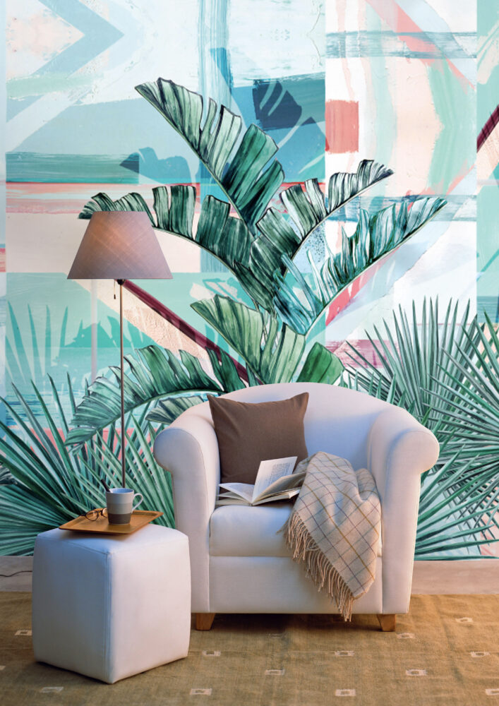 Turquoise Palm Leaf Wallpaper : Pink Geometric Tropical Mural - View 3