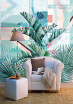 Turquoise Palm Leaf Wallpaper : Pink Geometric Tropical Mural - View 3