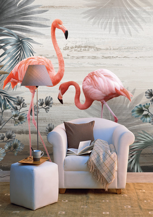 Flamingo Lagoon Wallpaper : Pink Tropical Palm Mural - View 2