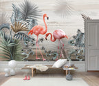 Flamingo Lagoon Wallpaper : Pink Tropical Palm Mural - View 3
