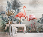 Flamingo Lagoon Wallpaper : Pink Tropical Palm Mural