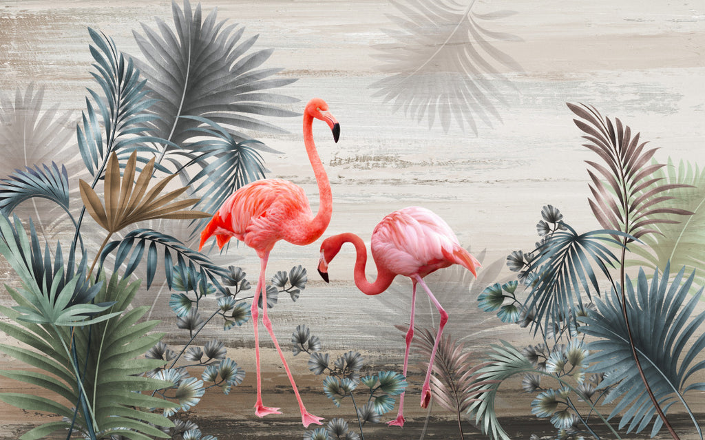 Flamingo Lagoon Wallpaper : Pink Tropical Palm Mural - flat design
